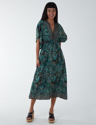 Paisley Kimono Sleeve Midi Dress - M / BLACK
