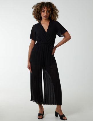 Pleated Wrap Over Jumpsuit - S / BLACK