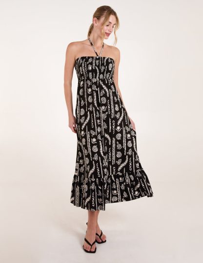 Shirred Bandeau Tie Neck Dress - S/M / BLACK