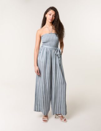 Shirred Tie Neck Jumpsuit - S/M / DENIM