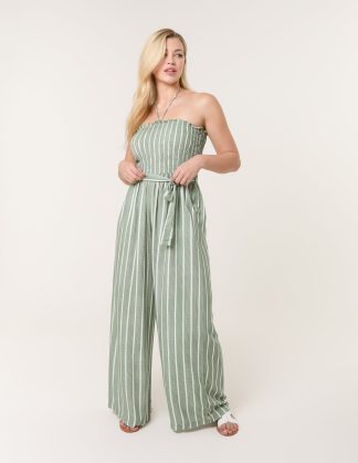 Shirred Tie Neck Jumpsuit - S/M / LIGHT KHAKI
