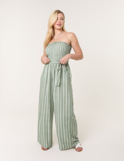 Shirred Tie Neck Jumpsuit - S/M / LIGHT KHAKI