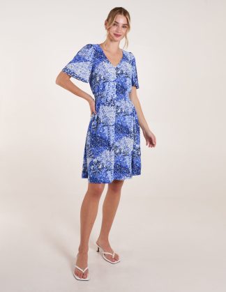 Shirred Waist Button Front Patchwork Mini Dress - S/M / BLUE