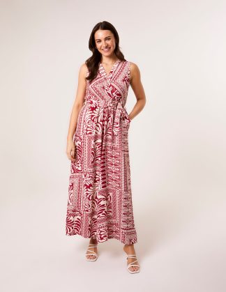 Sleeveless Leaf Print Jumpsuit - S-M / RED