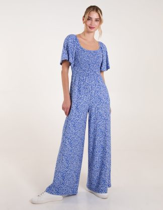Square Neck Shirred Waist Angel Sleeve Wide Leg Jumpsuit - S/M / BLUE