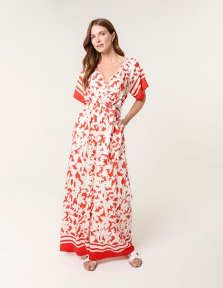 Tropical Print Wrap Belted Waist Jumpsuit - S / ORANGE