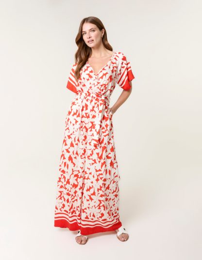 Tropical Print Wrap Belted Waist Jumpsuit - S / ORANGE