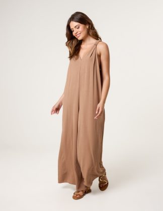 Wide Leg Side Pocket Double V Jumpsuit - S/M / CAMEL