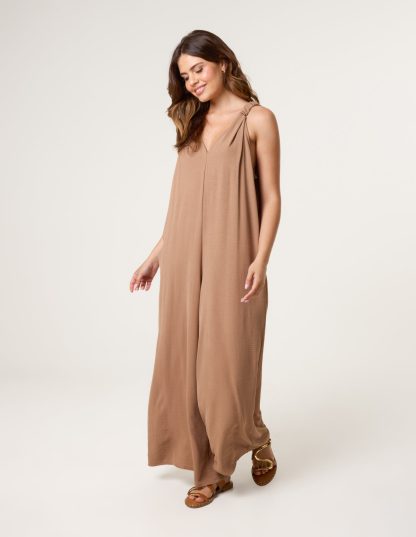 Wide Leg Side Pocket Double V Jumpsuit - S/M / CAMEL