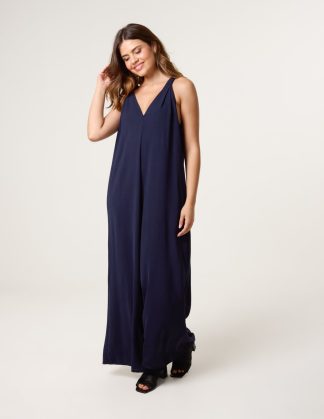 Wide Leg Side Pocket Double V Jumpsuit - S/M / NAVY