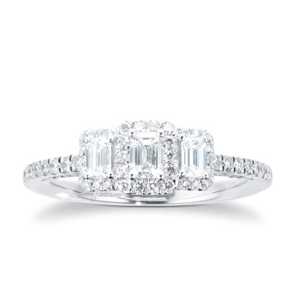 18ct White Gold 0.75cttw Diamond Emerald Halo 3 Stone Engagement Ring - Ring Size L