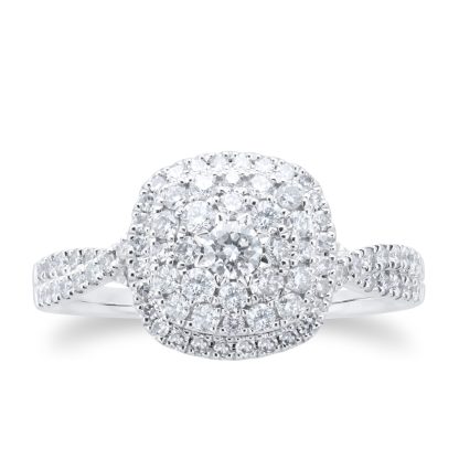 18ct White Gold Cushion Diamond Cluster Engagement Ring - Ring Size N