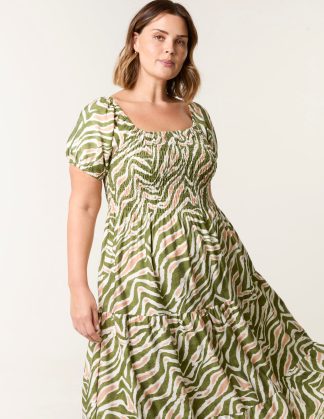 Curve Animal Printed Elasticated Sleeve Maxi Dress - 18/20 / GREEN