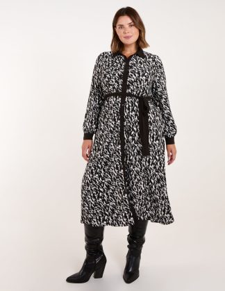 Curve Constrast Belted Midi Shirt Dress - 18/20 / BLACK