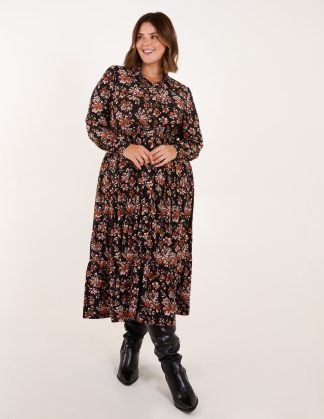 Curve Shirred Waist Floral Printed Midi Shirt Dress - 18/20 / BROWN