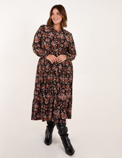Curve Shirred Waist Floral Printed Midi Shirt Dress - 18/20 / BROWN