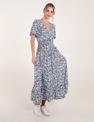 Ditsy Floral Wrap Front Shirred Waist Maxi Dress - S/M / BLUE PATTERN