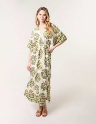 Elasticated V-Neck Dress - M/L / KHAKI