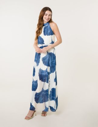 Halter Neck Occasion Dress - S / WHITE/ NAVY