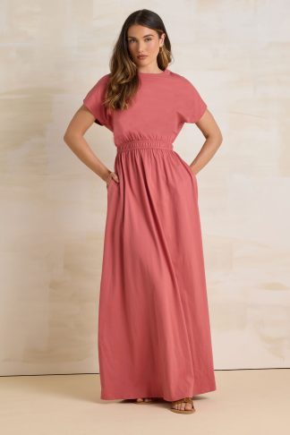 Lts Tall Coral Pink Jersey Shirred Waist Maxi Dress 18 Lts | Tall Women's Maxi Dresses
