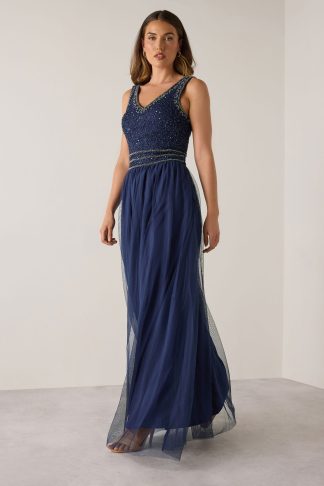 Lts Tall Navy Blue Sequin Hand Embellished Maxi Dress 26 Lts | Tall Women's Occasion Dresses