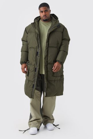 Mens Green Plus 4 Pocket Longline Hooded Puffer Jacket in Khaki, Green