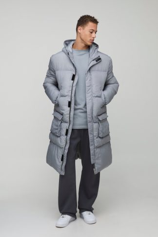 Mens Grey Tall 4 Pocket Longline Hooded Puffer Jacket in Black, Grey