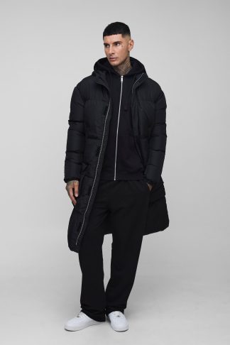 Mens Tall 4 Pocket Longline Hooded Puffer Jacket in Black, Black