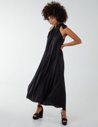 Satin Tie Neck Dress - ONE / BLACK