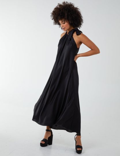 Satin Tie Neck Dress - ONE / BLACK