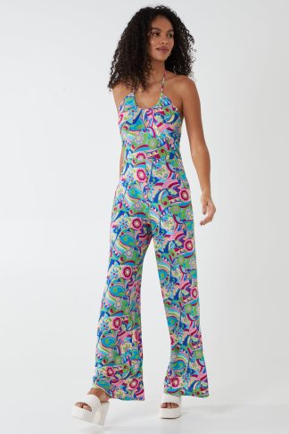 Wide Leg Tie Neck Jumpsuit - 14 / PINK/ORANGE