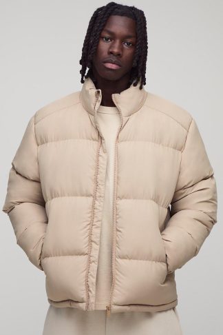 Mens Beige Regular Fit Funnel Neck Puffer Jacket in Stone, Beige