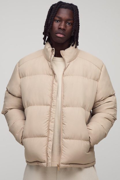 Mens Beige Regular Fit Funnel Neck Puffer Jacket in Stone, Beige