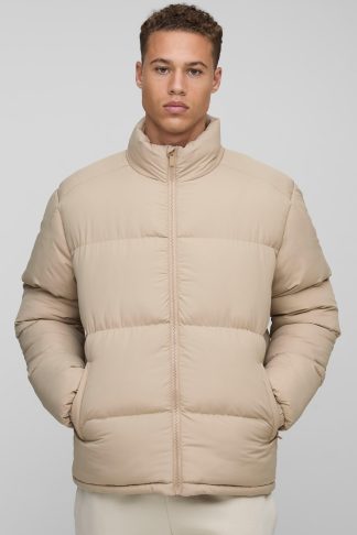 Mens Beige Tall Regular Fit Funnel Neck Puffer Jacket in Stone, Beige
