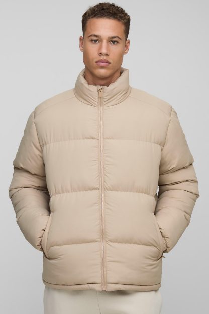 Mens Beige Tall Regular Fit Funnel Neck Puffer Jacket in Stone, Beige