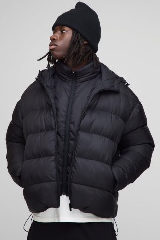 Mens Black Oversized Boxy Faux Double Layer Hooded Puffer Jacket, Black