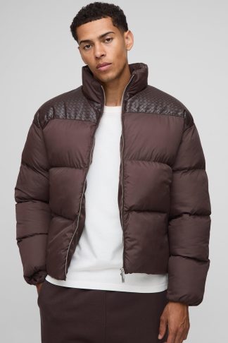Mens Brown Regular Fit PU Yoke Nylon Panel Puffer Jacket, Brown