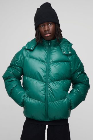 Mens Green Regular Fit Sheen Panelled Hooded Funnel Puffer Jacket, Green