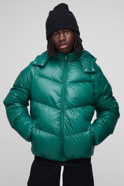 Mens Green Regular Fit Sheen Panelled Hooded Funnel Puffer Jacket, Green