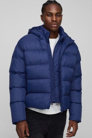 Mens Navy Oversized Boxy Faux Double Layer Hooded Puffer Jacket, Navy