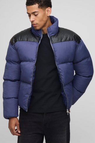 Mens Navy Regular Fit PU Yoke Nylon Panel Puffer Jacket, Navy