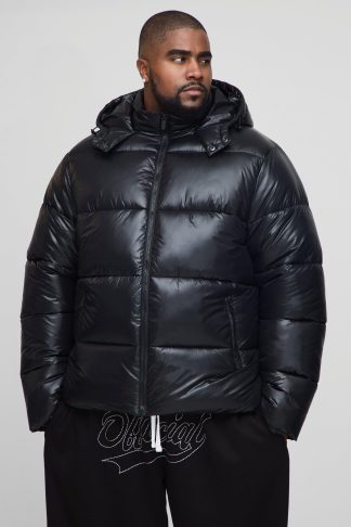 Mens Plus Oversized High Shine Puffer Jacket in Black, Black