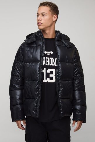 Mens Tall Regular Fit High Shine Puffer Jacket in Black, Black
