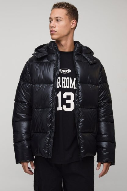 Mens Tall Regular Fit High Shine Puffer Jacket in Black, Black