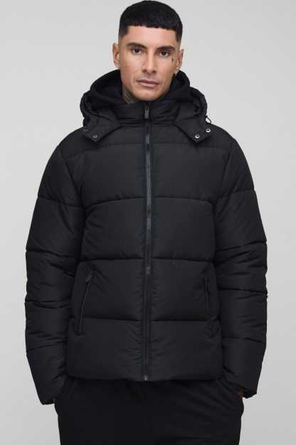 Mens Tall Regular Fit Hooded Matte Puffer Jacket in Black, Black