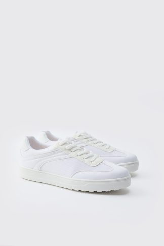 Mens White Contrast Panel Mesh Trainer, White