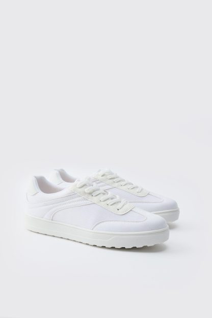 Mens White Contrast Panel Mesh Trainer, White