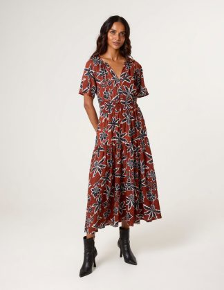 Notch Neck Elastic Tropical Print Dress - S / BROWN