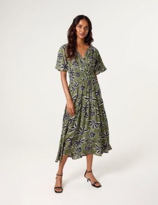 Notch Neck Elastic Tropical Print Dress - S / KHAKI