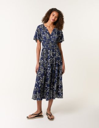 Notch Neck Elastic Tropical Print Dress - S / NAVY